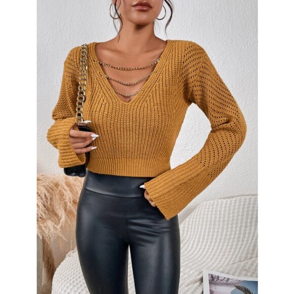 NWOT Cropped Cable Knit Chain V-Neck Sweater in Ginger/Orange Size Large - Picture 4 of 6